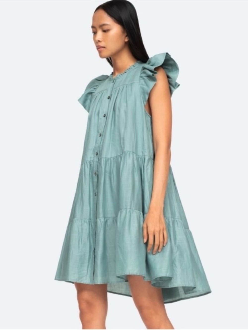 Sea New York Shannon Tiered Ruffle Dress (pockets) in Dusty Blue - Small